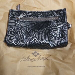 Patricia Nash Black Tooled Floral Leather Wristlet Clutch with Silver Accents